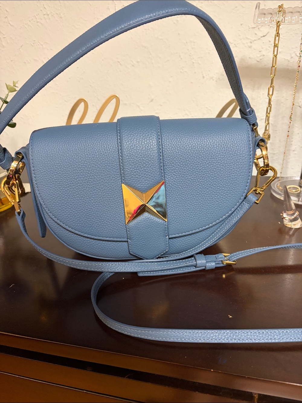 Mac Duggal Powder Blue Leather Crossbody with Gold Hardware